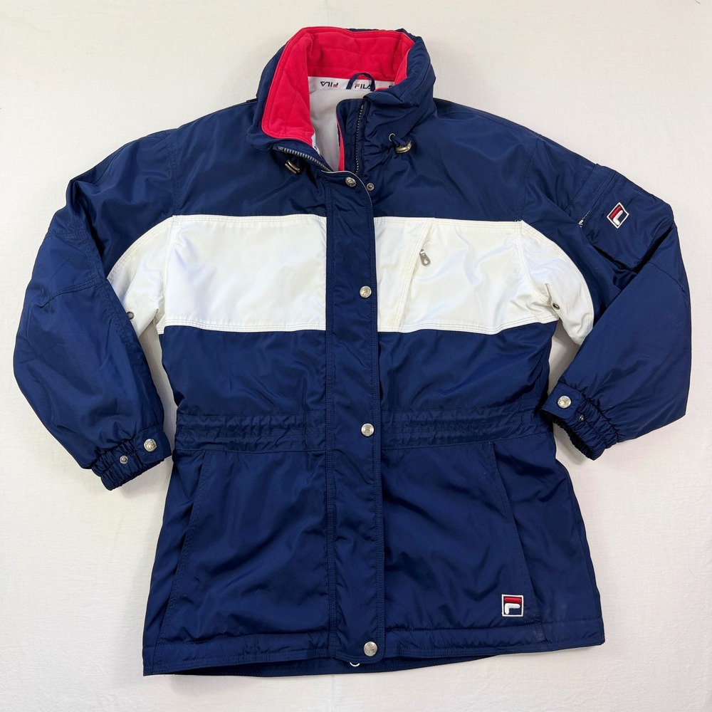 Vintage Fila Ski Jacket Womens 8 Navy White Colorblock Red Fleece Collar Hooded